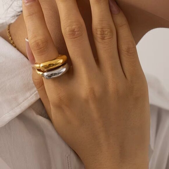 NWT 18K Gold Plated Minimalist Statement Chunky Ring Sz. 7 Two-tone Avant Garde - Picture 2 of 14